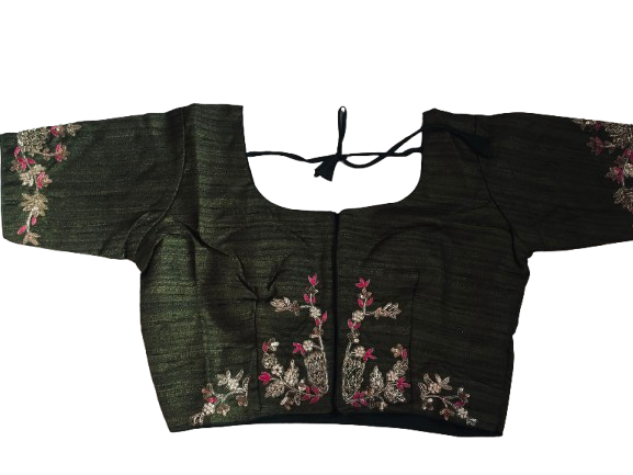 Raw Silk Olive Designer Blouse 127